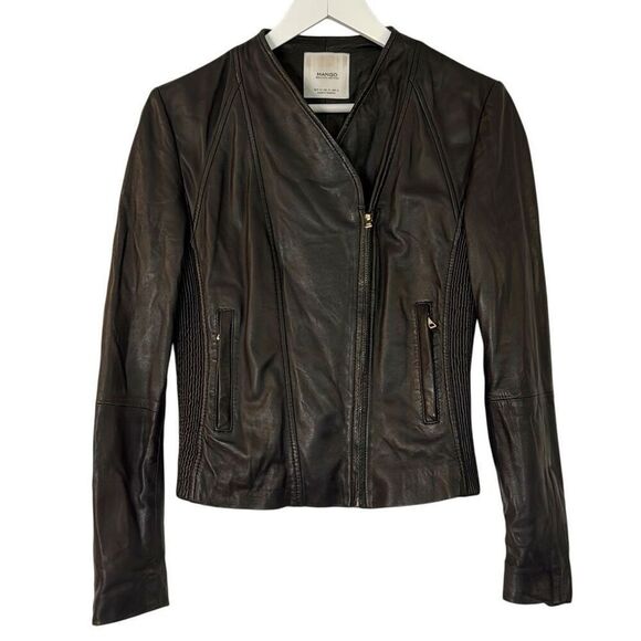 MANGO 100% genuine leather black zipper moto jacket size M - Picture 1 of 10